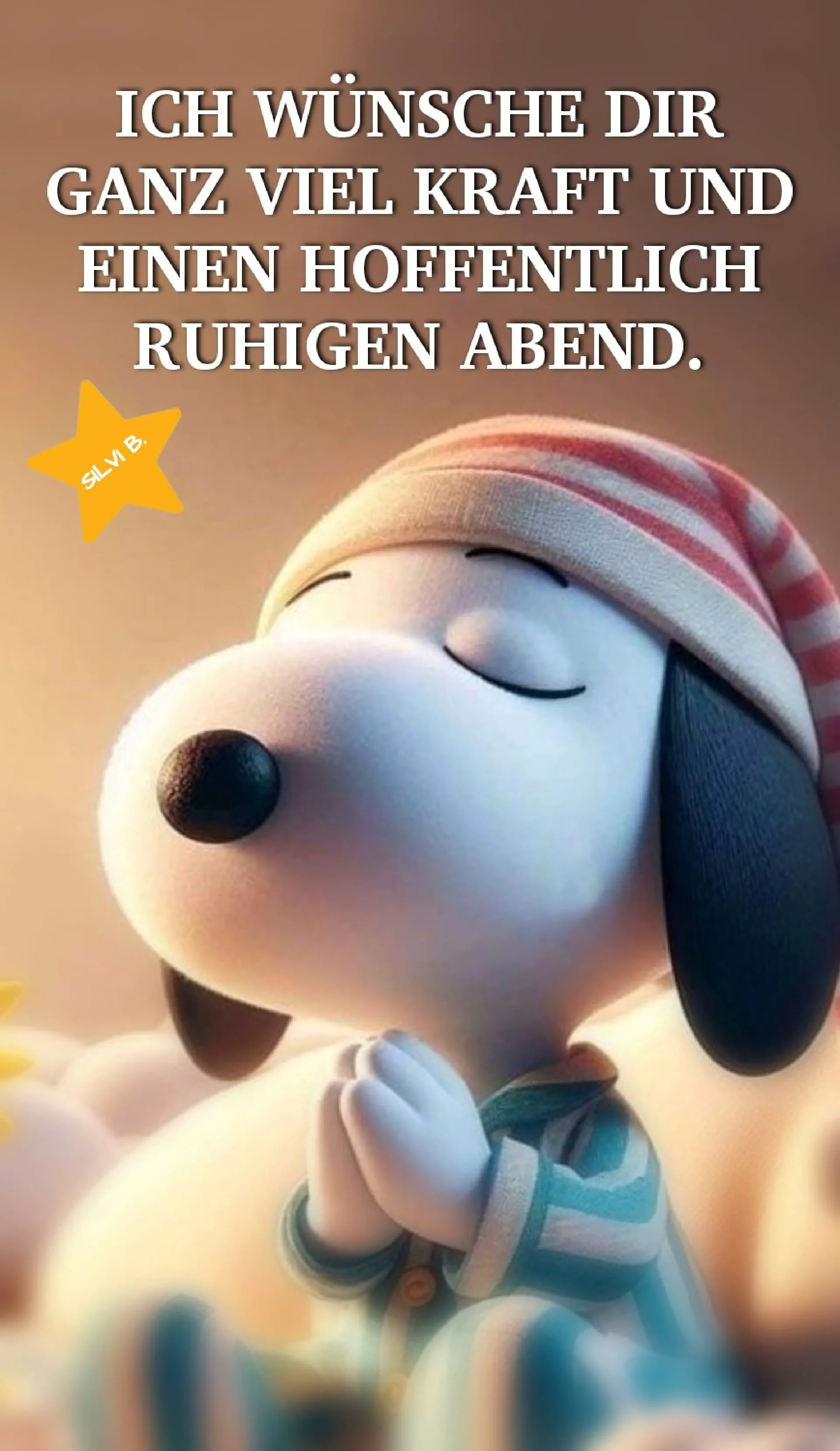Ein niedlicher Snoopy in Schlafanzug und Nachtmütze mit geschlossenen Augen und gefalteten Händen. Ein sanftes Guten-Abend-Grußbild für Ruhe und Kraft.